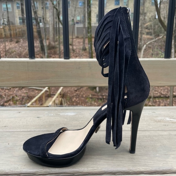 Michael Kors Daphne Black Fringe Platform Open Toe Stiletto Sandals Shoes 39.5 - Picture 12 of 16